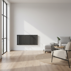 Anthracite grey horizontal oval tube radiator in modern living room - square format