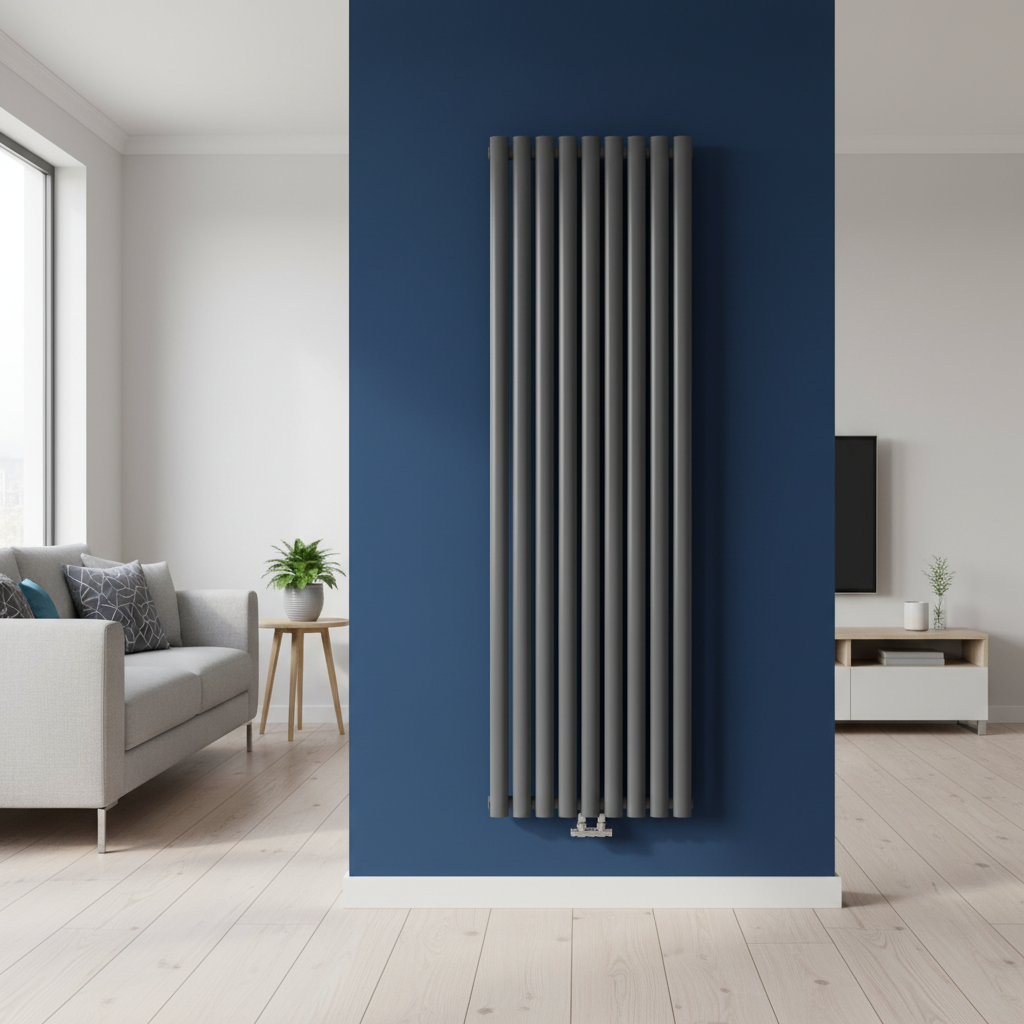 Anthracite grey vertical column radiator on cobalt blue wall in modern interior - square format
