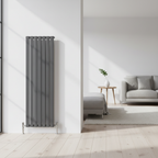 Anthracite grey vertical designer radiator with chrome valves in modern interior - square format