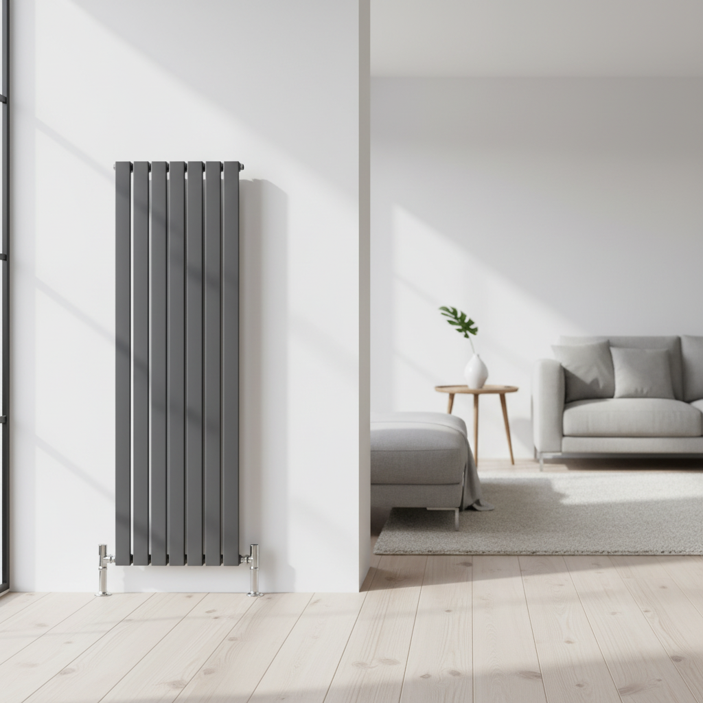 Anthracite grey vertical designer radiator with chrome valves in modern interior - square format