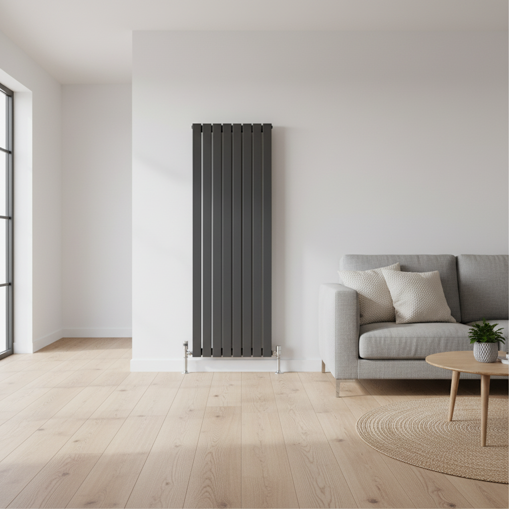 Anthracite grey vertical flat panel radiator in modern interior - square format