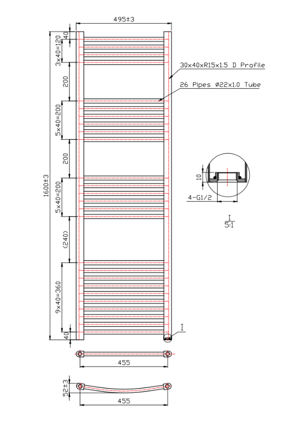 Kartell 22mm Straight Towel Rail 500mm x 1600mm - Brushed Brass