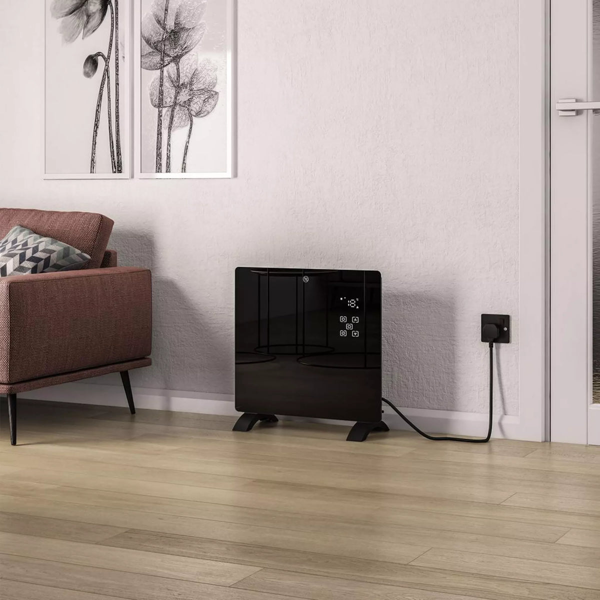 Eastbrook Cortona 465 x 520mm Glass Fronted Electric Radiator 1000W - Black (view 2)