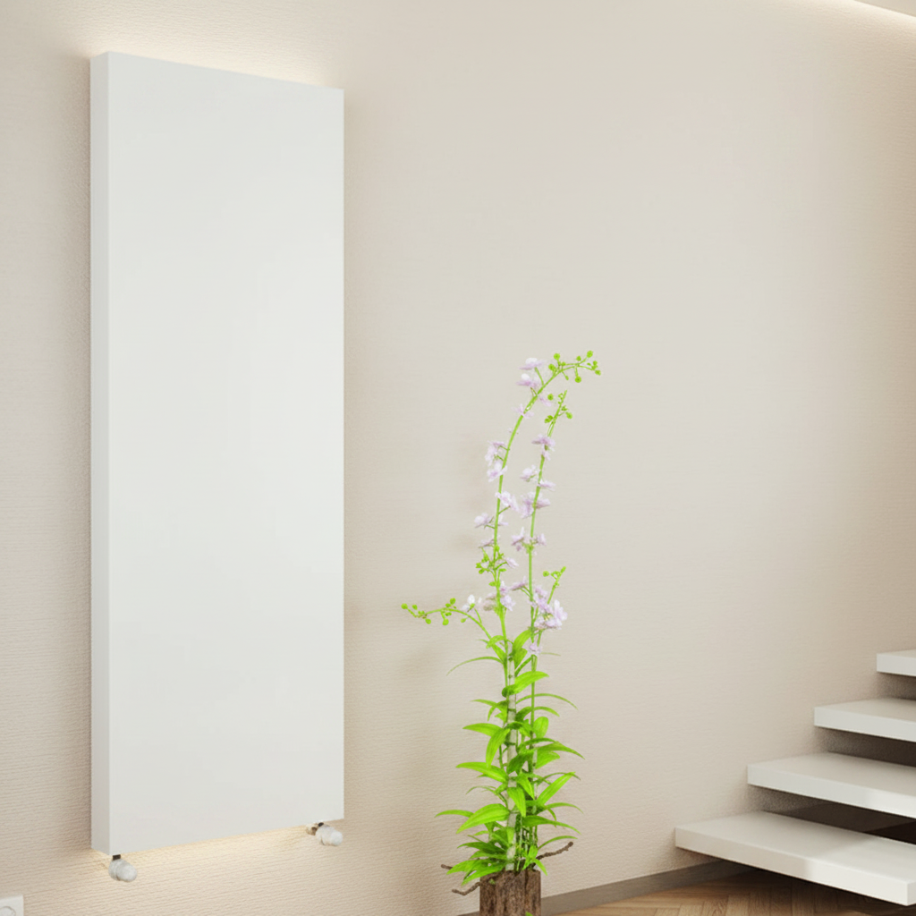 White flat panel vertical radiator side angle view showing slim profile in a designer interior