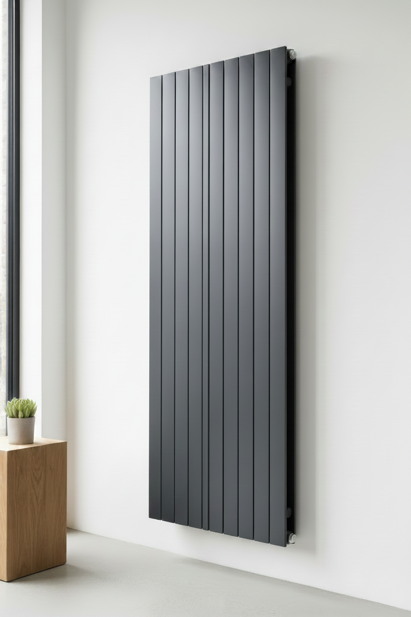 Kartell Boston Steel Anthracite Double Panel Vertical Designer Radiator in a modern minimal interior