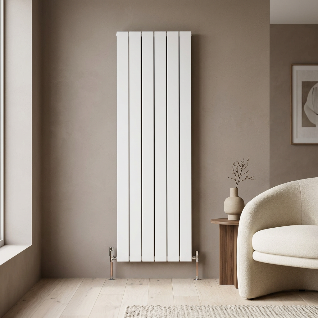 White vertical designer radiator in a contemporary room with warm taupe walls and pale oak flooring