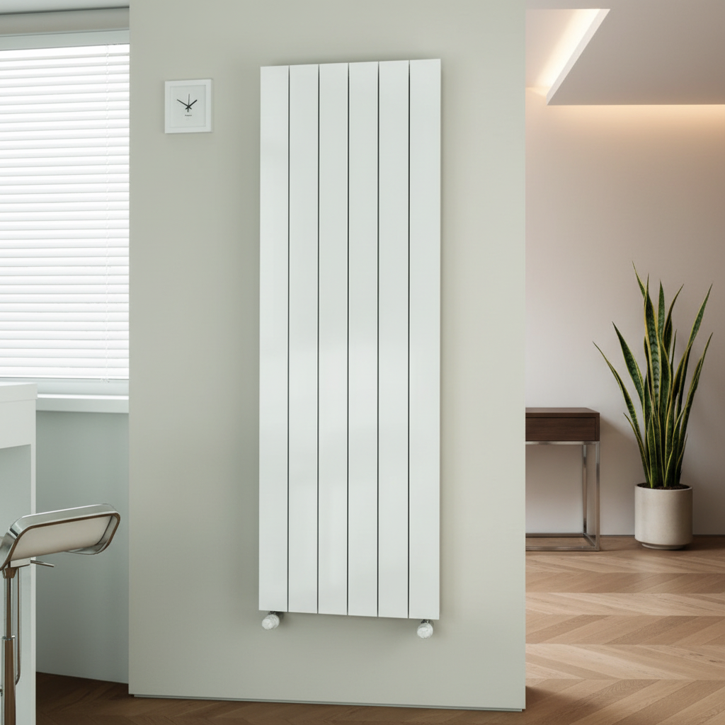 White vertical panel radiator with fins mounted on wall in a minimalist designer living room or hallway