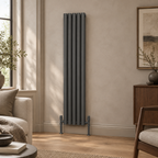 Eastgate Eclipse anthracite vertical radiator in a warm neutral designer interior