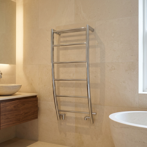 Chrome towel rail showcased in a limestone designer bathroom