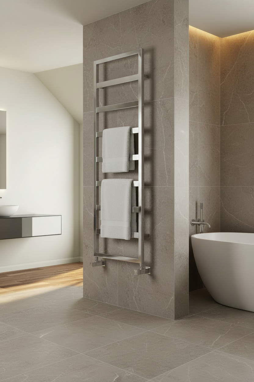 Reina Rezzo chrome designer heated towel rail in a luxury marble bathroom