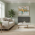 Reina Casina anthracite horizontal radiator in a bright airy designer living room with sage green walls and oak flooring