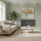 Reina Casina anthracite horizontal radiator in a bright airy designer living room with sage green walls and oak flooring