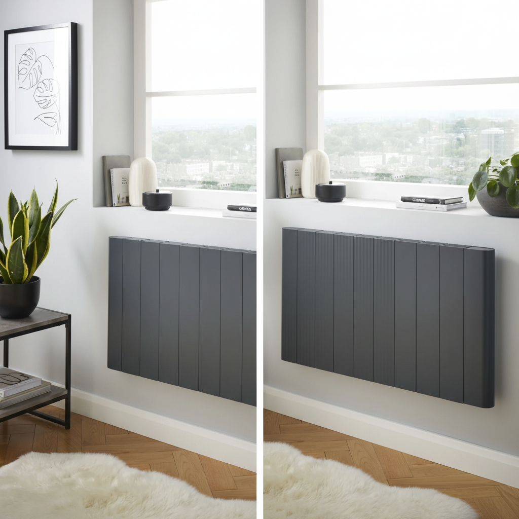 Kartell Capri Electric Aluminium Panel Heater 1000W Horizontal Anthracite in a modern living room setting