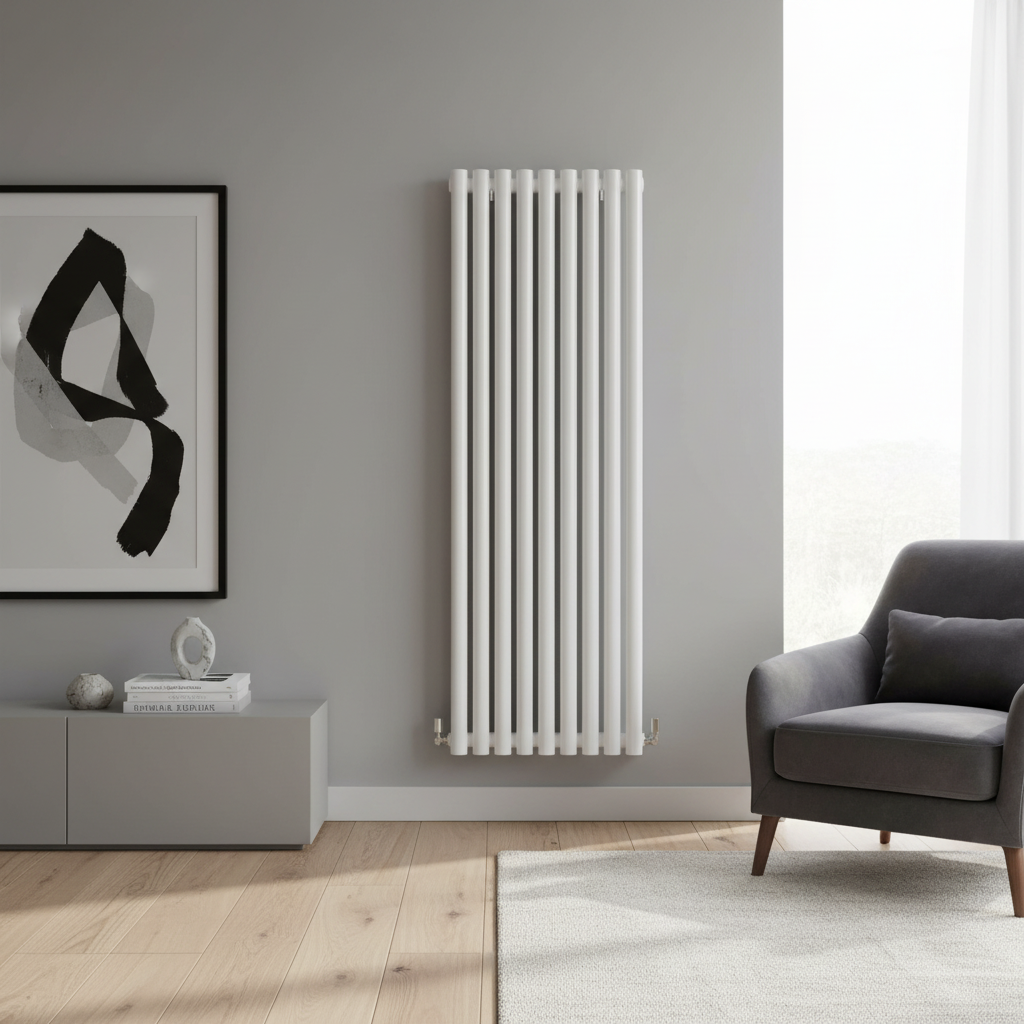 White vertical radiator in modern room setting