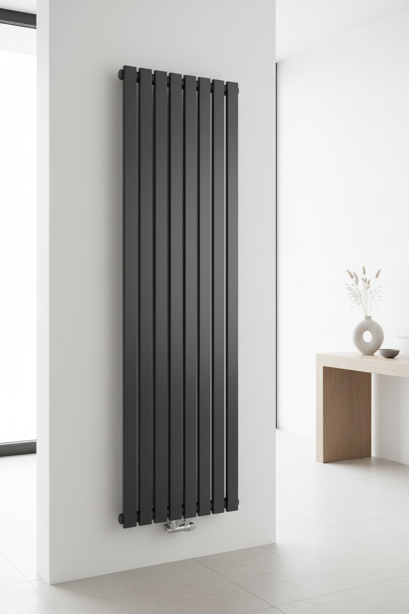 Kartell Boston Steel Anthracite Double Panel Vertical Designer Radiator in a modern interior