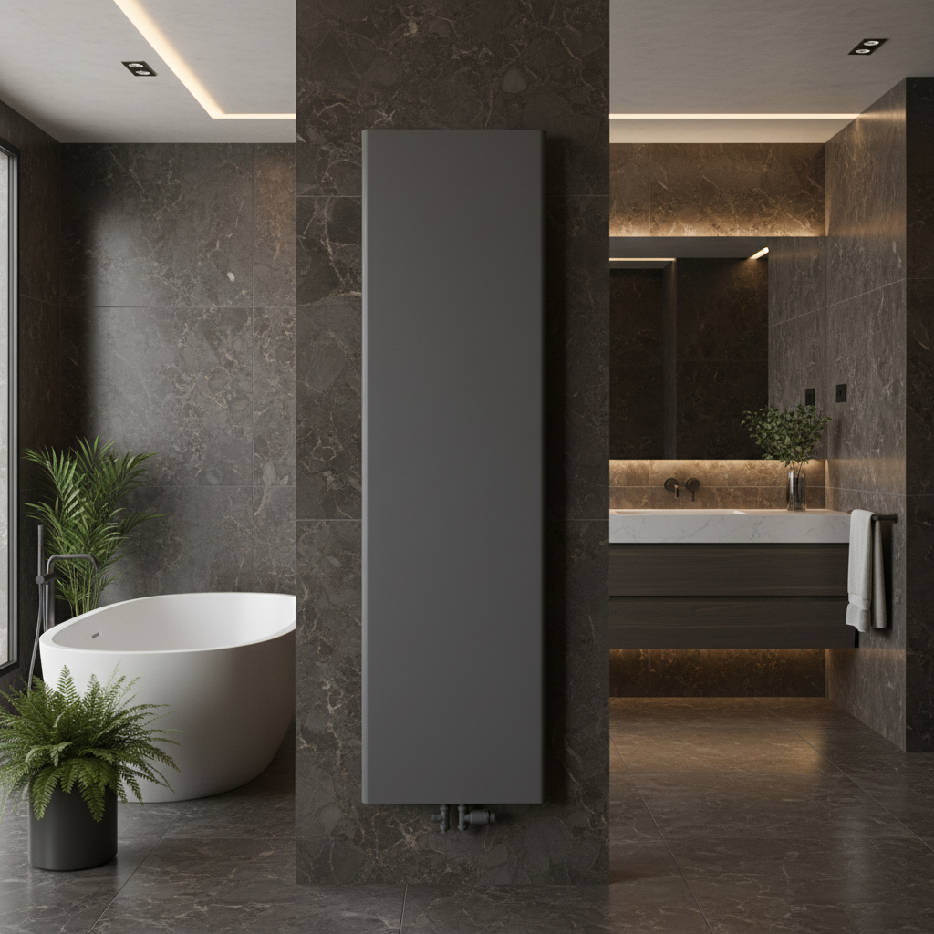 Reina Borda Anthracite vertical designer radiator in a luxury bathroom setting