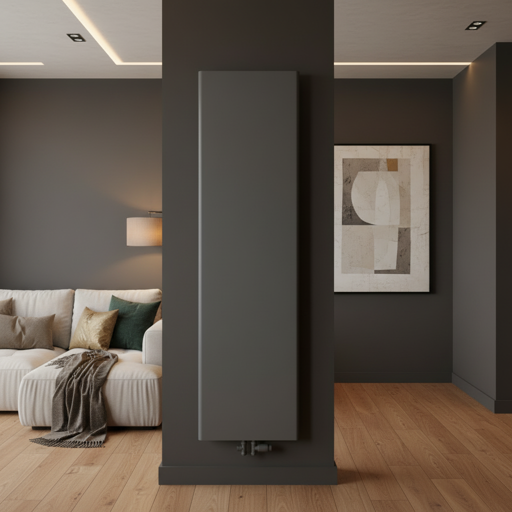 Reina Borda Anthracite vertical designer radiator in a luxury living room setting