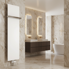 Reina Slimline White vertical designer radiator in a luxury marble bathroom setting