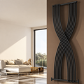 Dark sculptural radiator in a sunlit neutral designer living room
