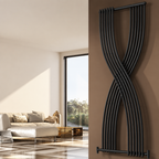 Dark sculptural radiator in a sunlit neutral designer living room