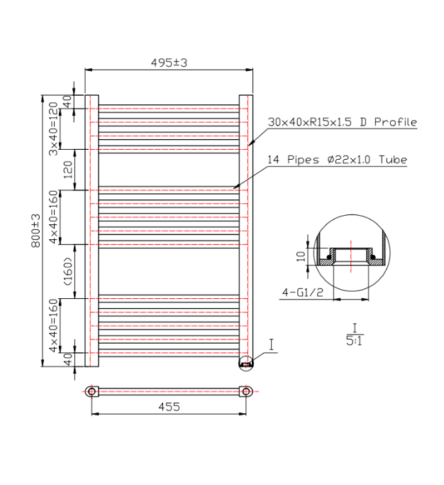 Kartell 22mm Straight Towel Rail 500mm x 800mm - Brushed Brass