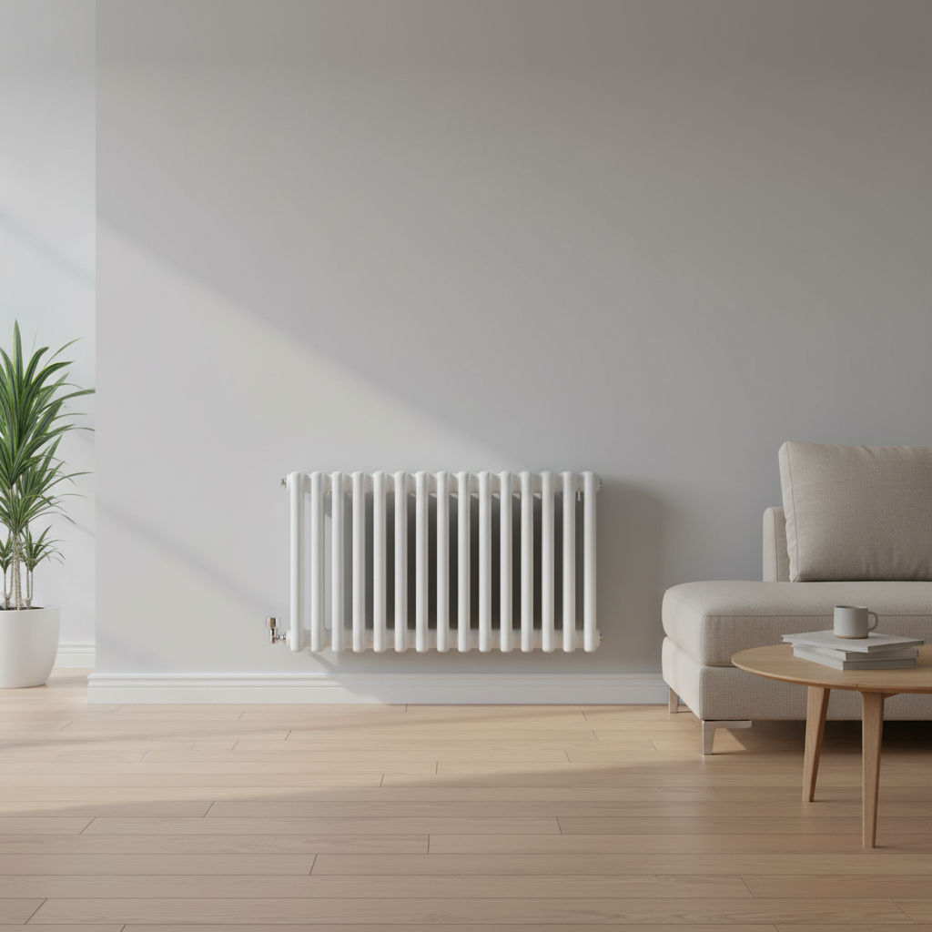 White horizontal column radiator in modern living room - square format