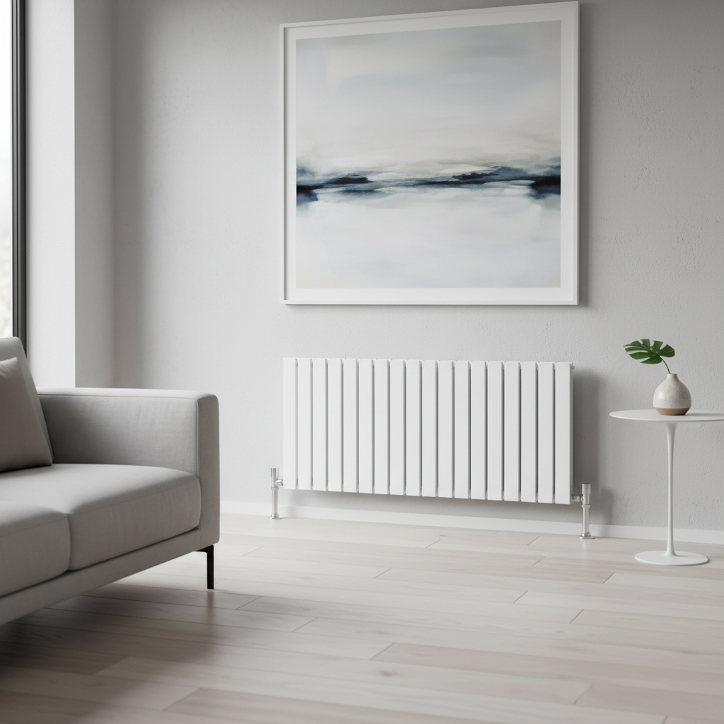 White horizontal flat panel radiator in modern living room - square format