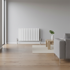 White horizontal radiator in modern living room - square format