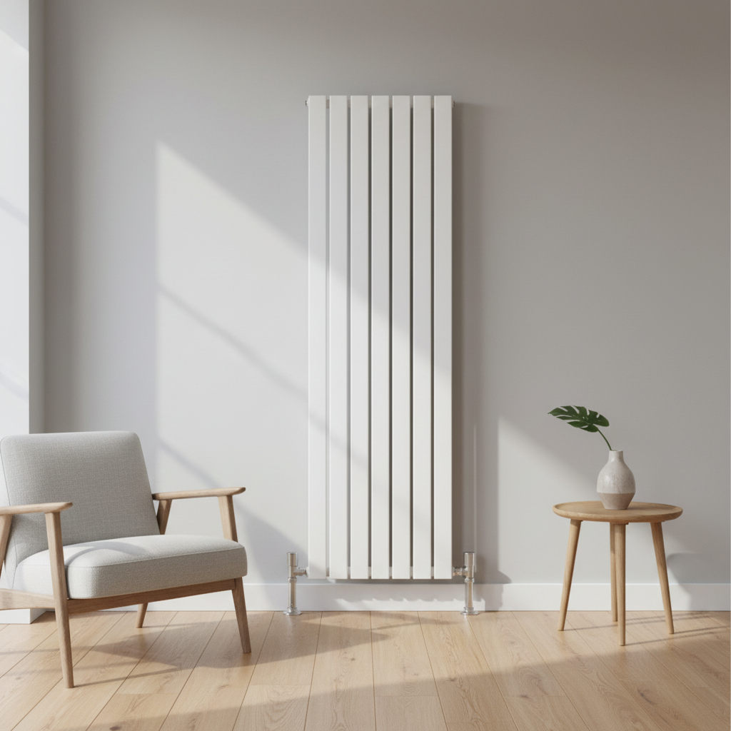 White vertical designer radiator with chrome valves in modern interior - square format